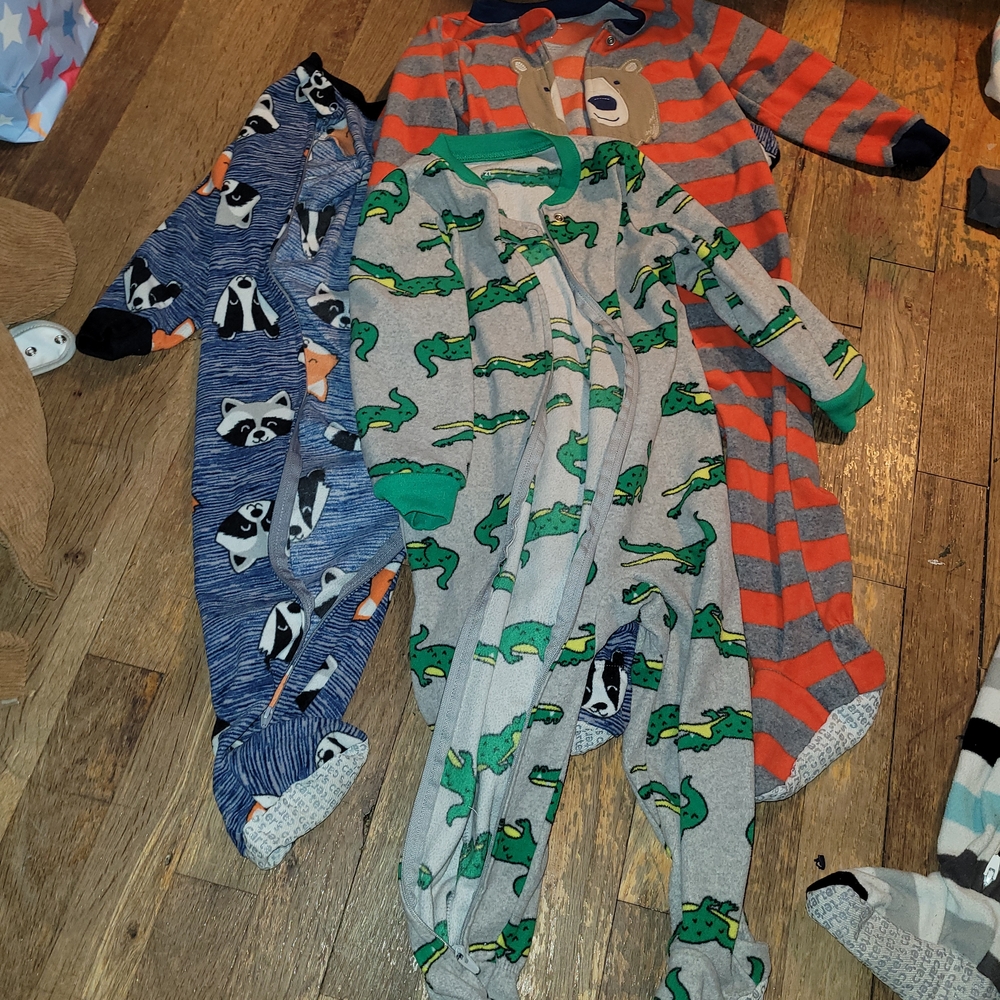 Kids Toddlers One Piece Pajamas - Green Dinosaur and Orange Stripes Bundle Lot